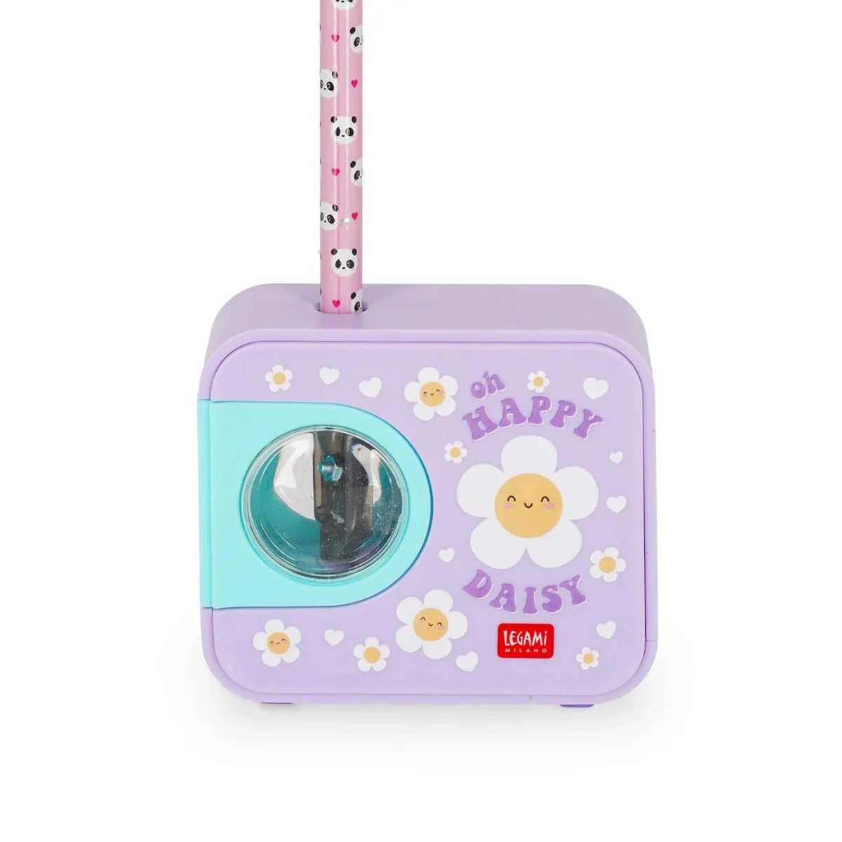 Temperamatite Elettrico Legami Top of the Tip Daisy con Serbatoio Trucioli Lama Acciaio Tungsteno a Batteria Tema Margherita Viola