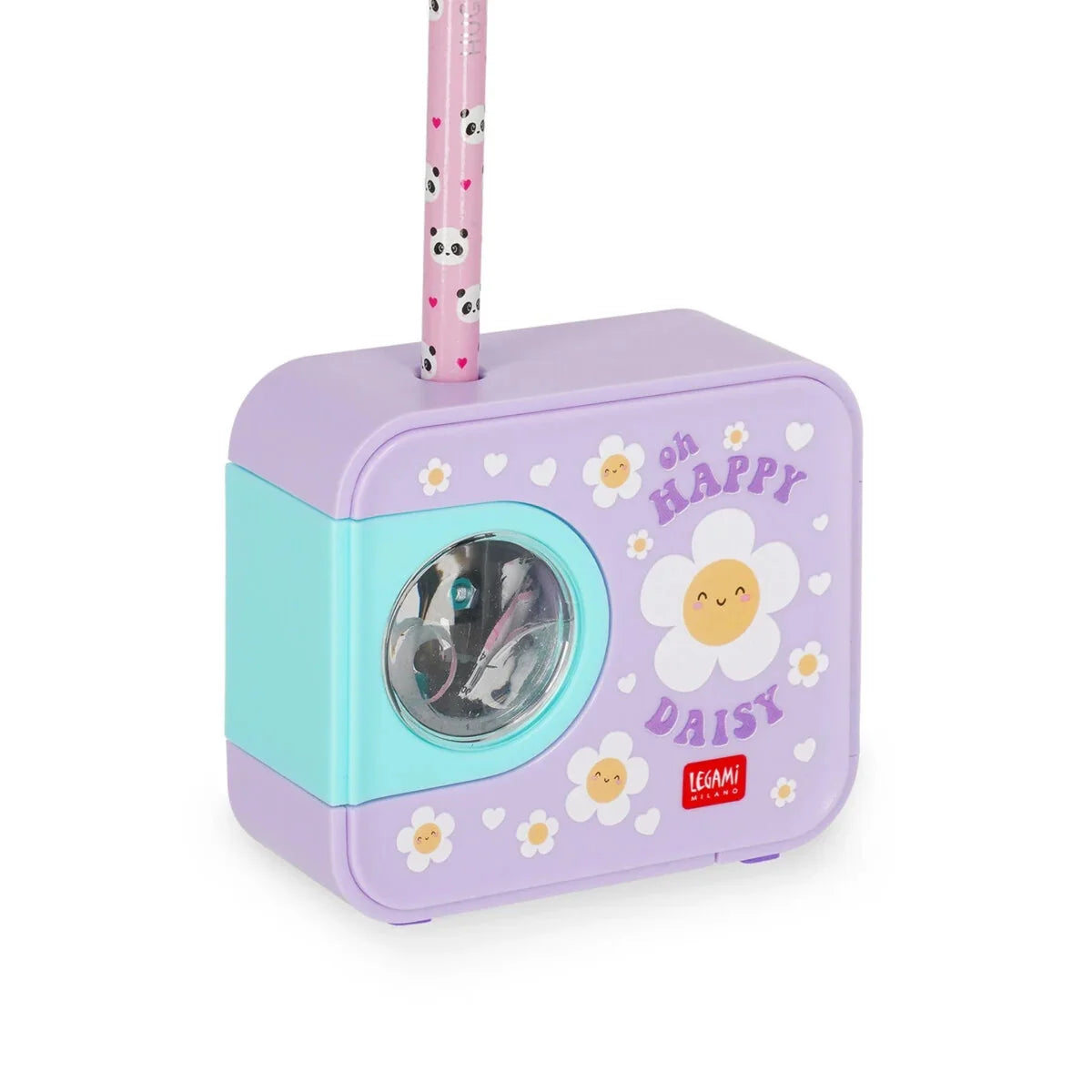 Temperamatite Elettrico Legami Top of the Tip Daisy con Serbatoio Trucioli Lama Acciaio Tungsteno a Batteria Tema Margherita Viola