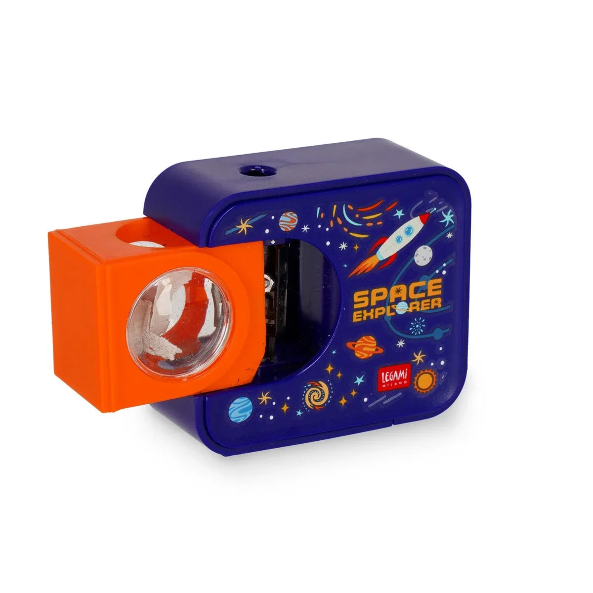 Temperamatite Elettrico Legami Top of the Tip Space Explorer con Serbatoio Trucioli Lama Acciaio Tungsteno a Batteria Tema Spazio Blu