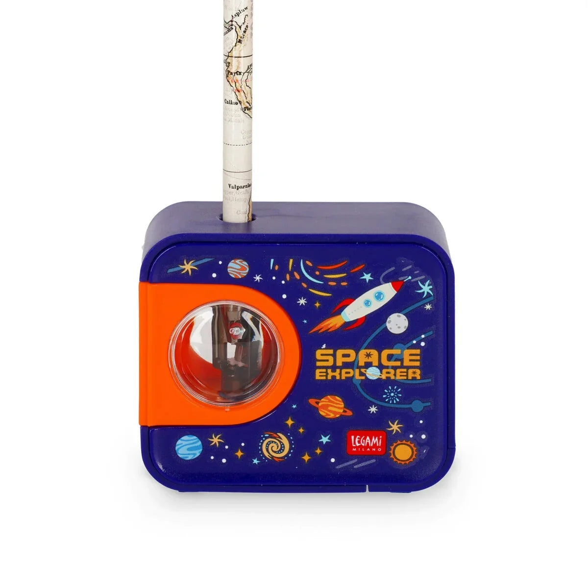 Temperamatite Elettrico Legami Top of the Tip Space Explorer con Serbatoio Trucioli Lama Acciaio Tungsteno a Batteria Tema Spazio Blu