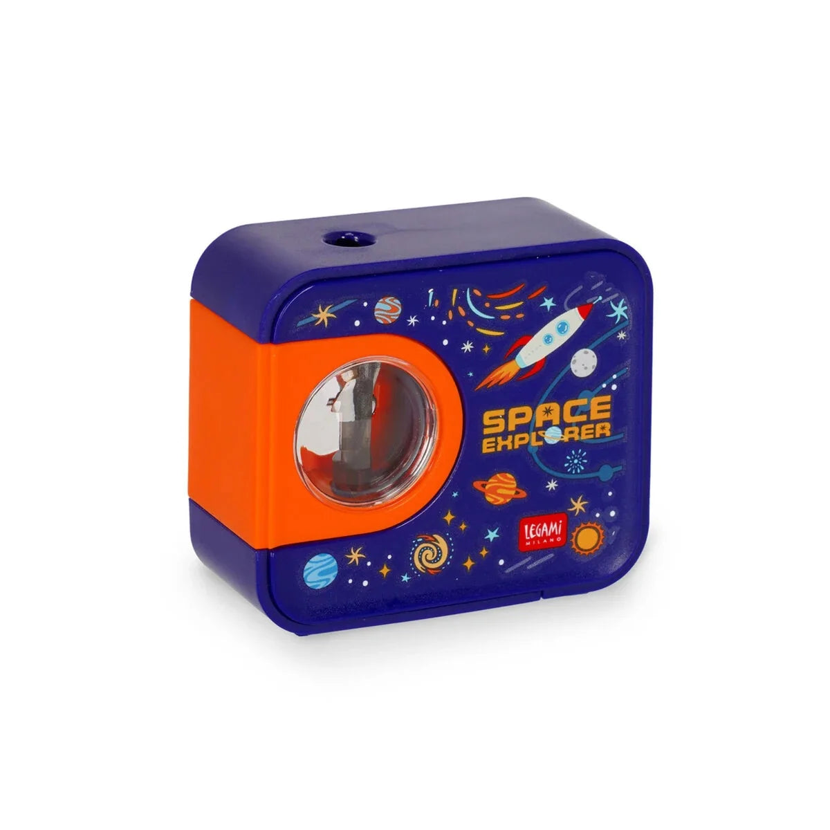 Temperamatite Elettrico Legami Top of the Tip Space Explorer con Serbatoio Trucioli Lama Acciaio Tungsteno a Batteria Tema Spazio Blu