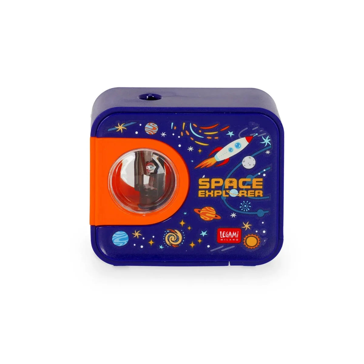 Temperamatite Elettrico Legami Top of the Tip Space Explorer con Serbatoio Trucioli Lama Acciaio Tungsteno a Batteria Tema Spazio Blu