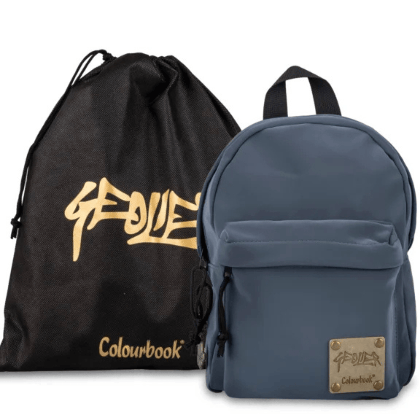 Mini zaino Geolier x Colourbook Drop Grey in Soft Velvet grigio, vista frontale con logo e targhetta in acciaio