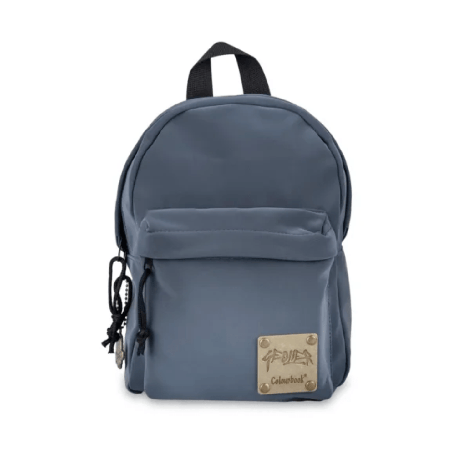 Mini zaino Geolier x Colourbook Drop Grey in Soft Velvet grigio, vista frontale con logo e targhetta in acciaio