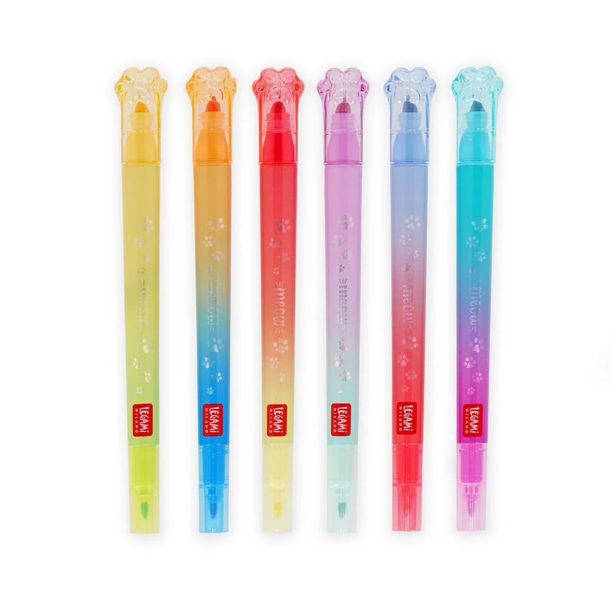 Set of 6 Kitty Meow Legami Dual-Tip Highlighters — 12 Pastel and Neon Colors