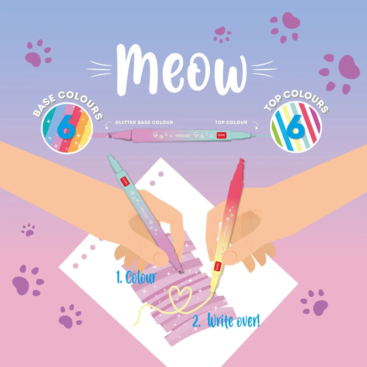 Set of 6 Kitty Meow Legami Dual-Tip Highlighters — 12 Pastel and Neon Colors