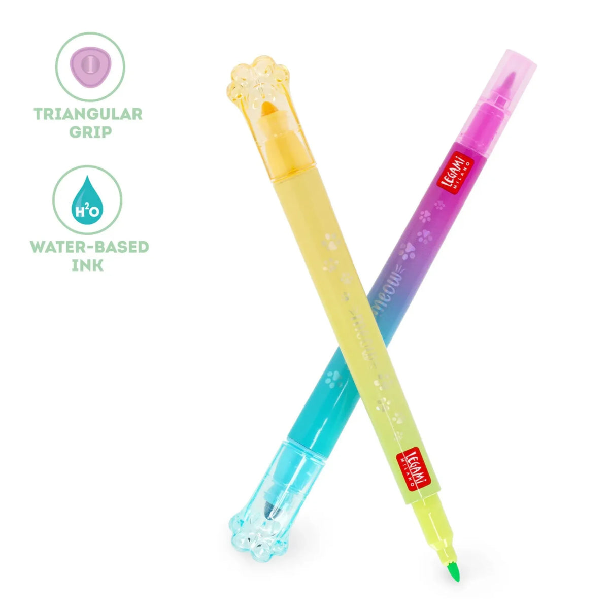 Set of 6 Kitty Meow Legami Dual-Tip Highlighters — 12 Pastel and Neon Colors