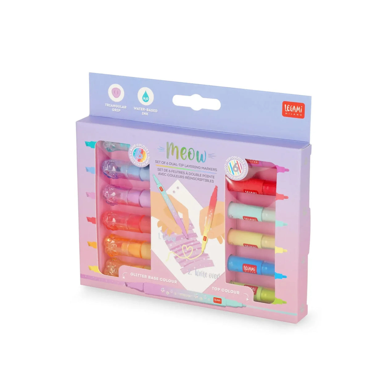 Set of 6 Kitty Meow Legami Dual-Tip Highlighters — 12 Pastel and Neon Colors