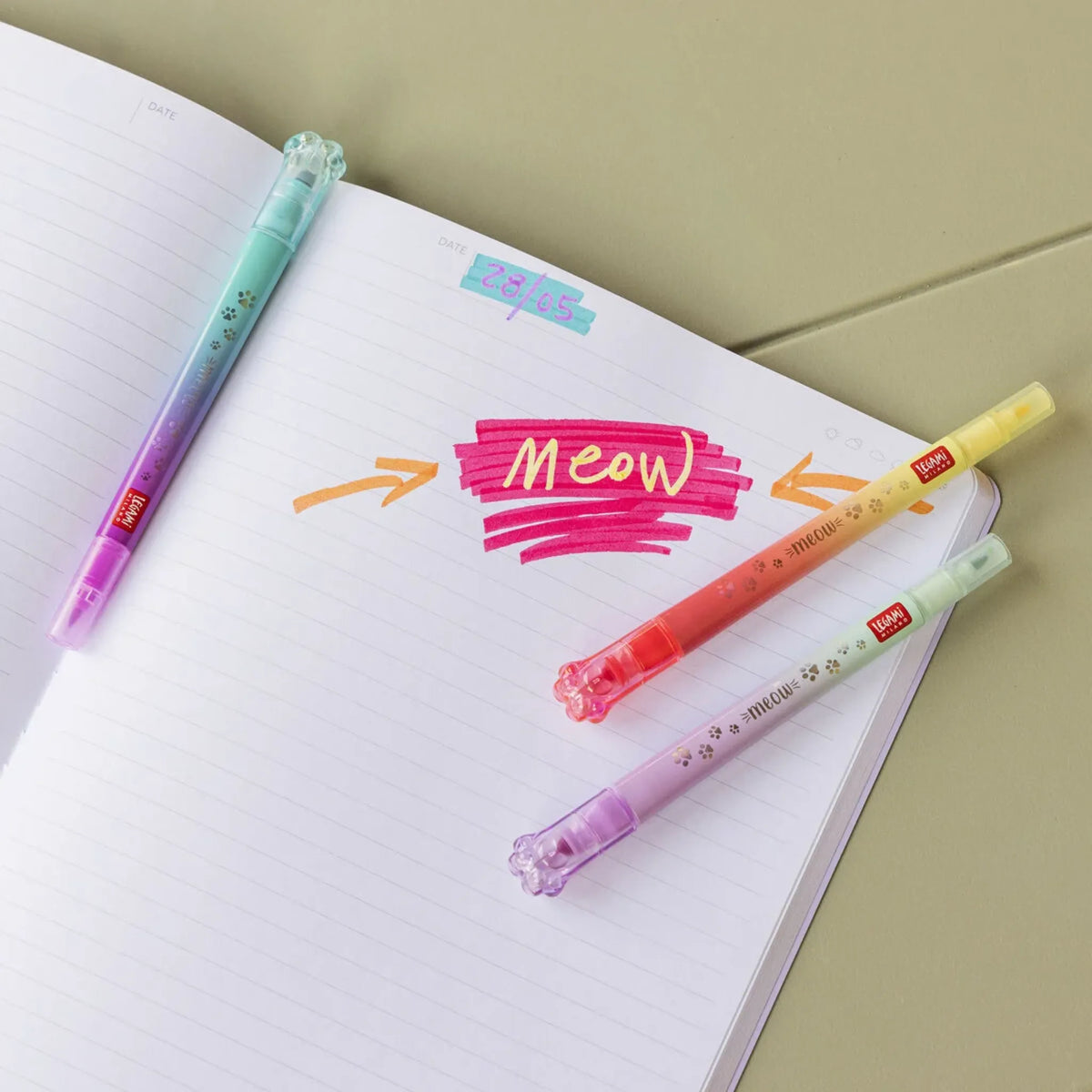 Set of 6 Kitty Meow Legami Dual-Tip Highlighters — 12 Pastel and Neon Colors
