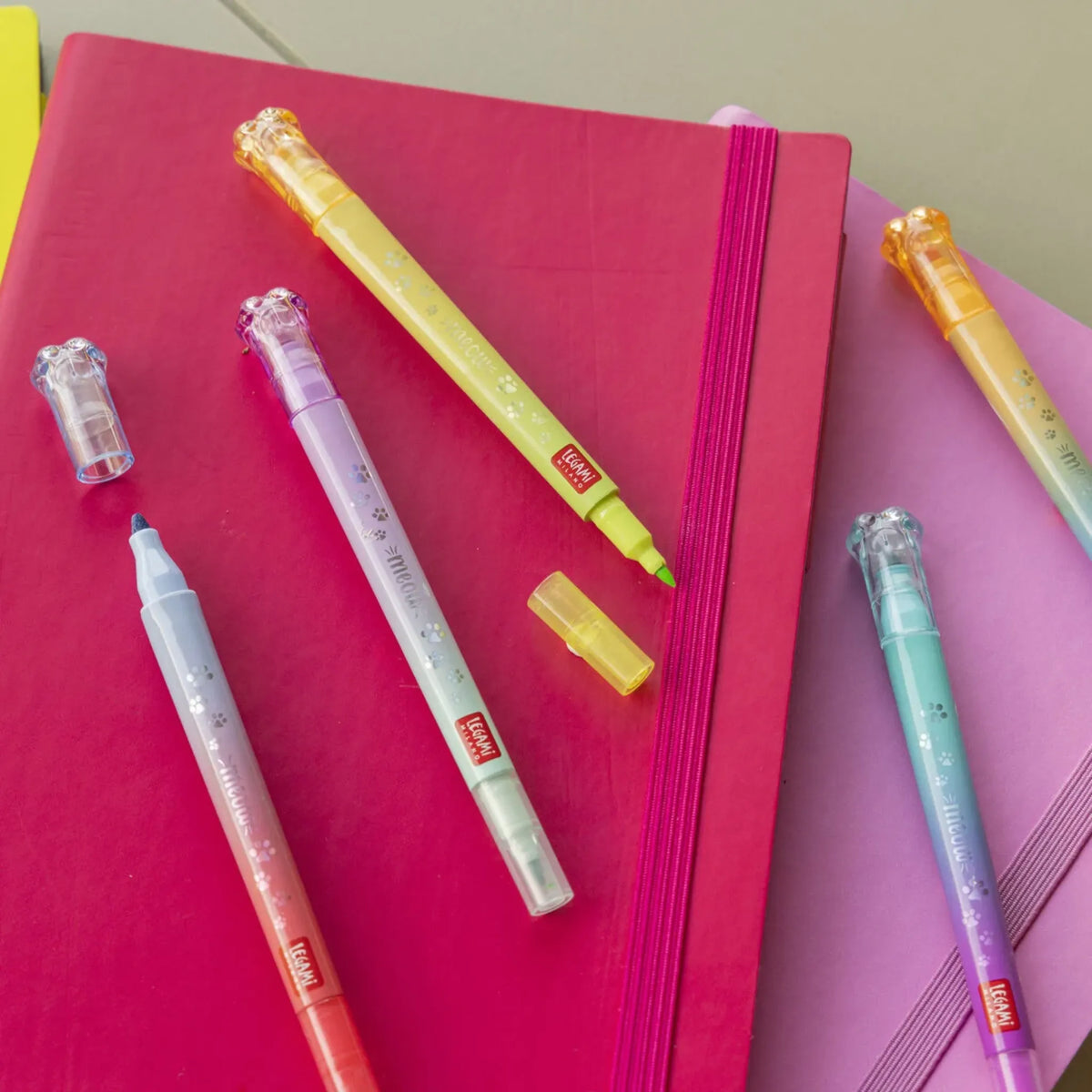 Set of 6 Kitty Meow Legami Dual-Tip Highlighters — 12 Pastel and Neon Colors