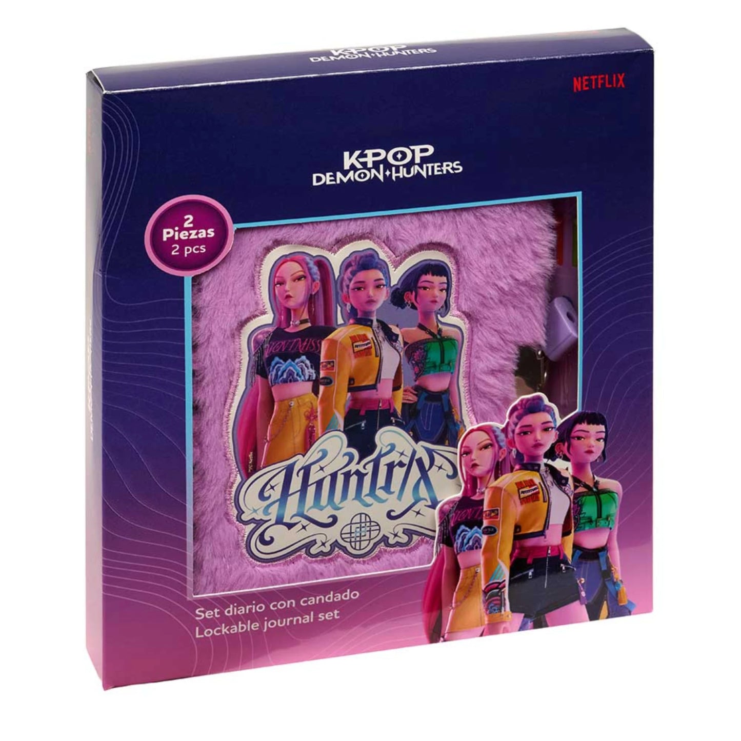 Set Diario Pelliccia con Lucchetto Safta K-POP Demon Hunters — Huntrix Rosa + Penna Multicolore Netflix