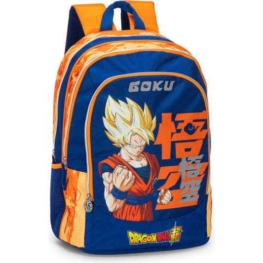 Zaino Scuola Dragon Ball Super Goku Super Saiyan Organizzato con Doppio Scomparto e Porta Borraccia Blu Arancio