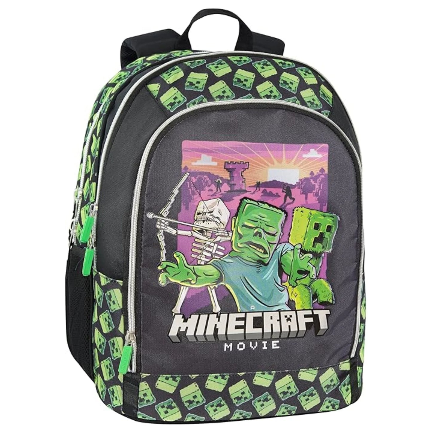 Minecraft Movie Creeper Pattern School Backpack Double Compartment with Bottle Holder Pocket Black Green