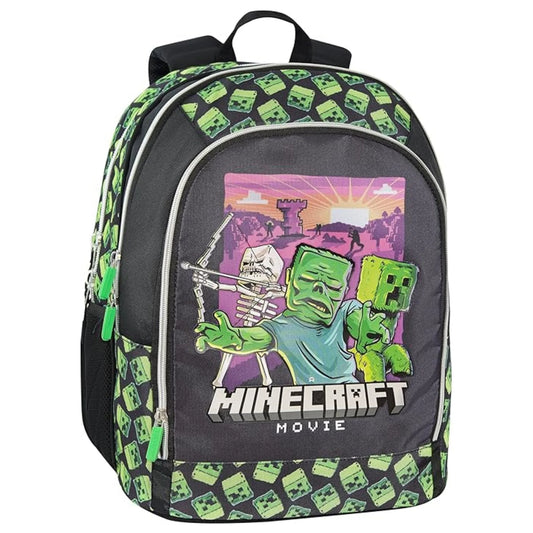 Zaino Scuola Minecraft Movie Creeper Pattern Doppio Scomparto con Tasca Porta Borraccia Nero Verde