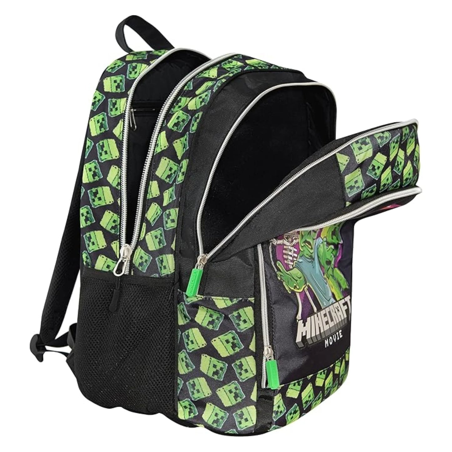 Minecraft Movie Creeper Pattern School Backpack Double Compartment with Bottle Holder Pocket Black Green