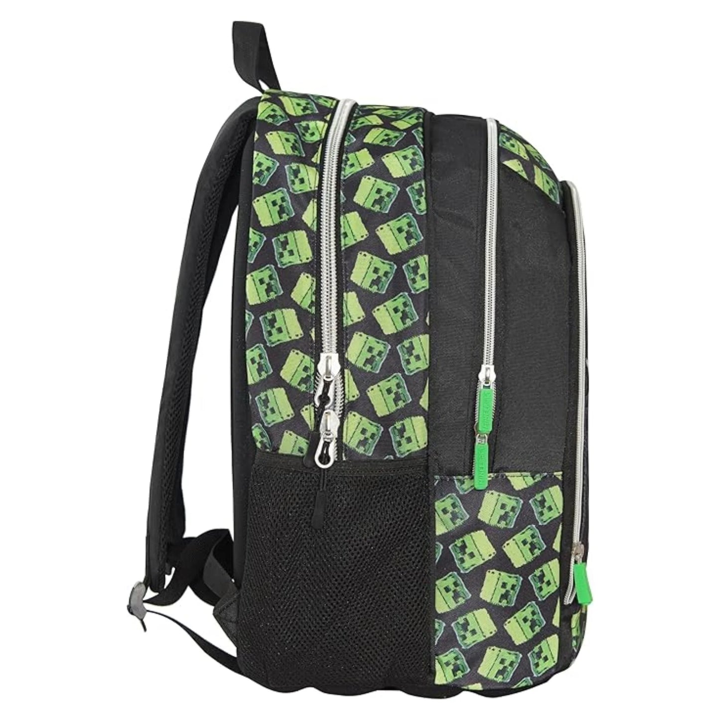 Minecraft Movie Creeper Pattern School Backpack Double Compartment with Bottle Holder Pocket Black Green