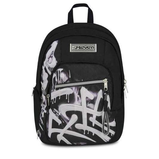 Zaino Seven Dual Detach Plumpy Line Boy 2 in 1 con Zainetto Staccabile Fantasia Graffiti Nero Bianco