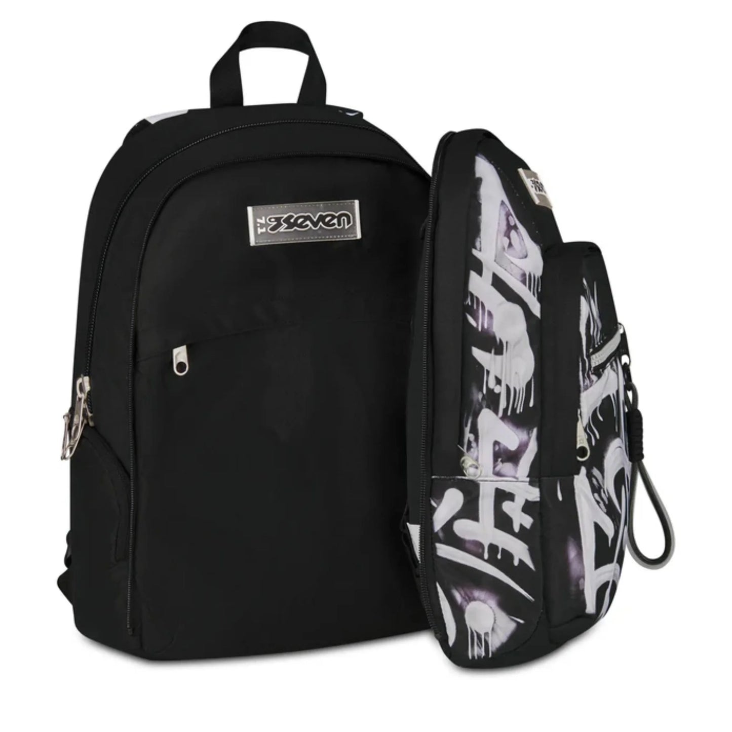 Zaino Seven Dual Detach Plumpy Line Boy 2 in 1 con Zainetto Staccabile Fantasia Graffiti Nero Bianco