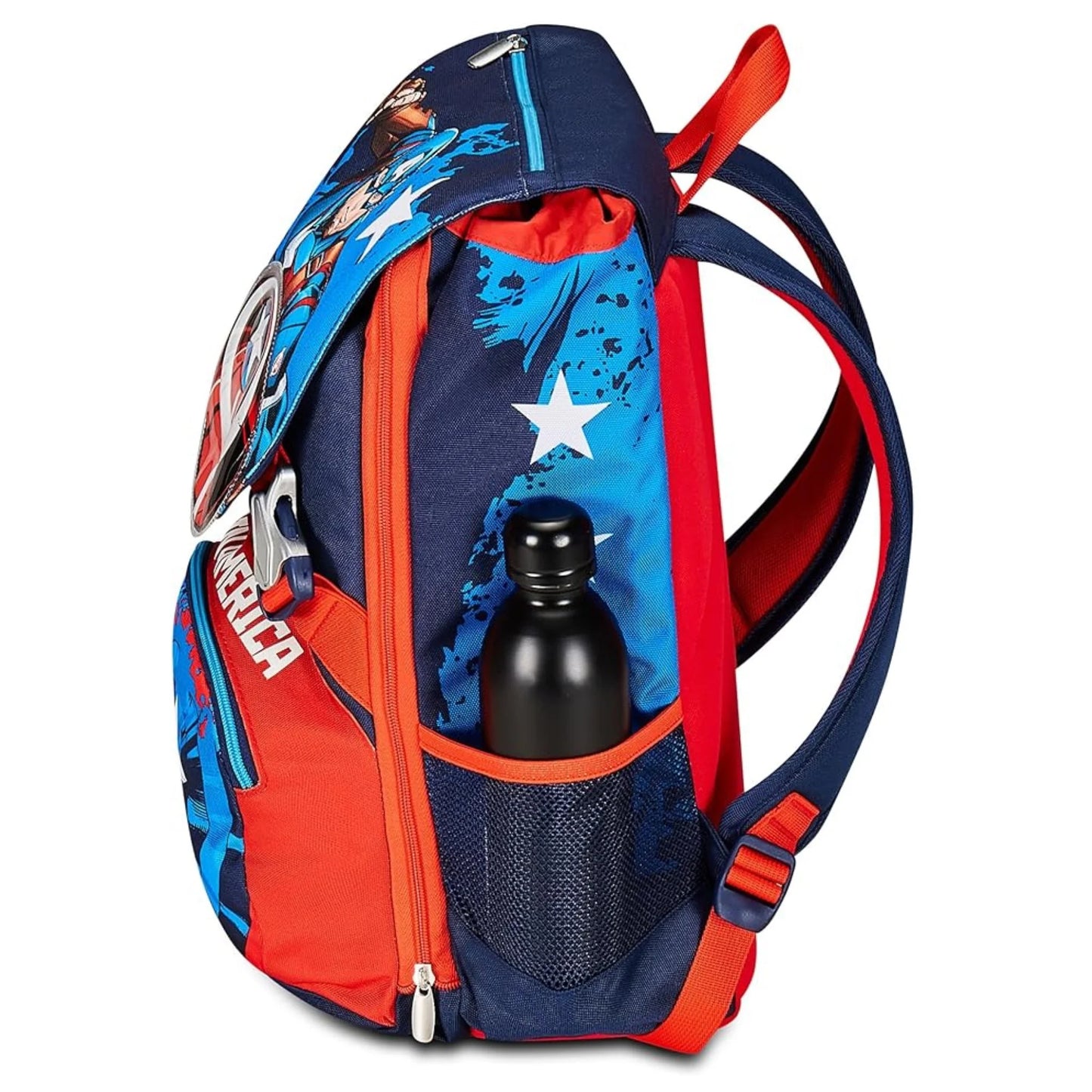 Seven Extendable Captain America Legendary Avenger Backpack 3D Shield with Water Bottle Pocket Blue Red Marvel