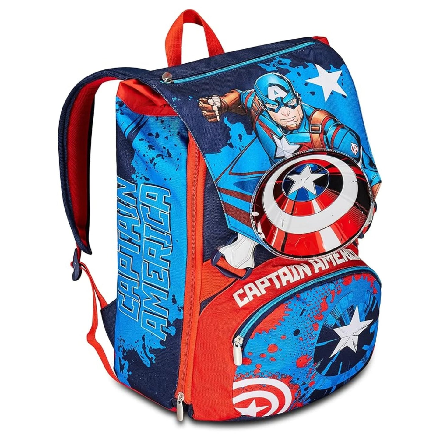 Seven Extendable Captain America Legendary Avenger Backpack 3D Shield with Water Bottle Pocket Blue Red Marvel