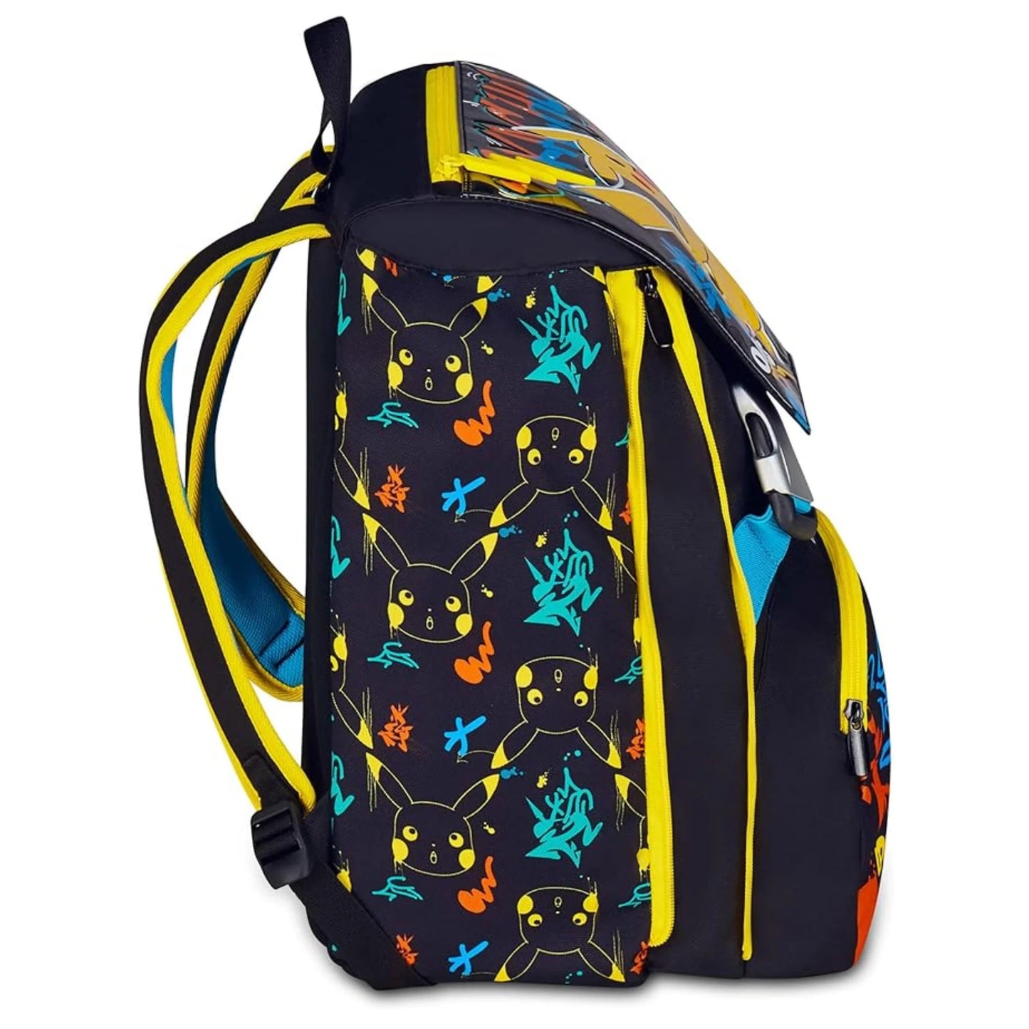 Seven Extendable Backpack Pokémon Pikachu 025 Battle Ready Double Compartment with Water Bottle Pocket Black Multicolor