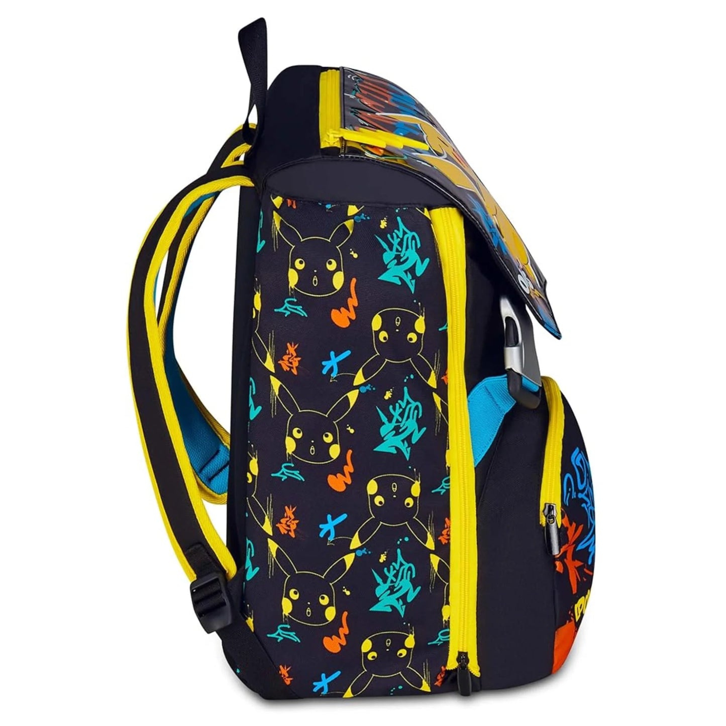 Seven Extendable Backpack Pokémon Pikachu 025 Battle Ready Double Compartment with Water Bottle Pocket Black Multicolor
