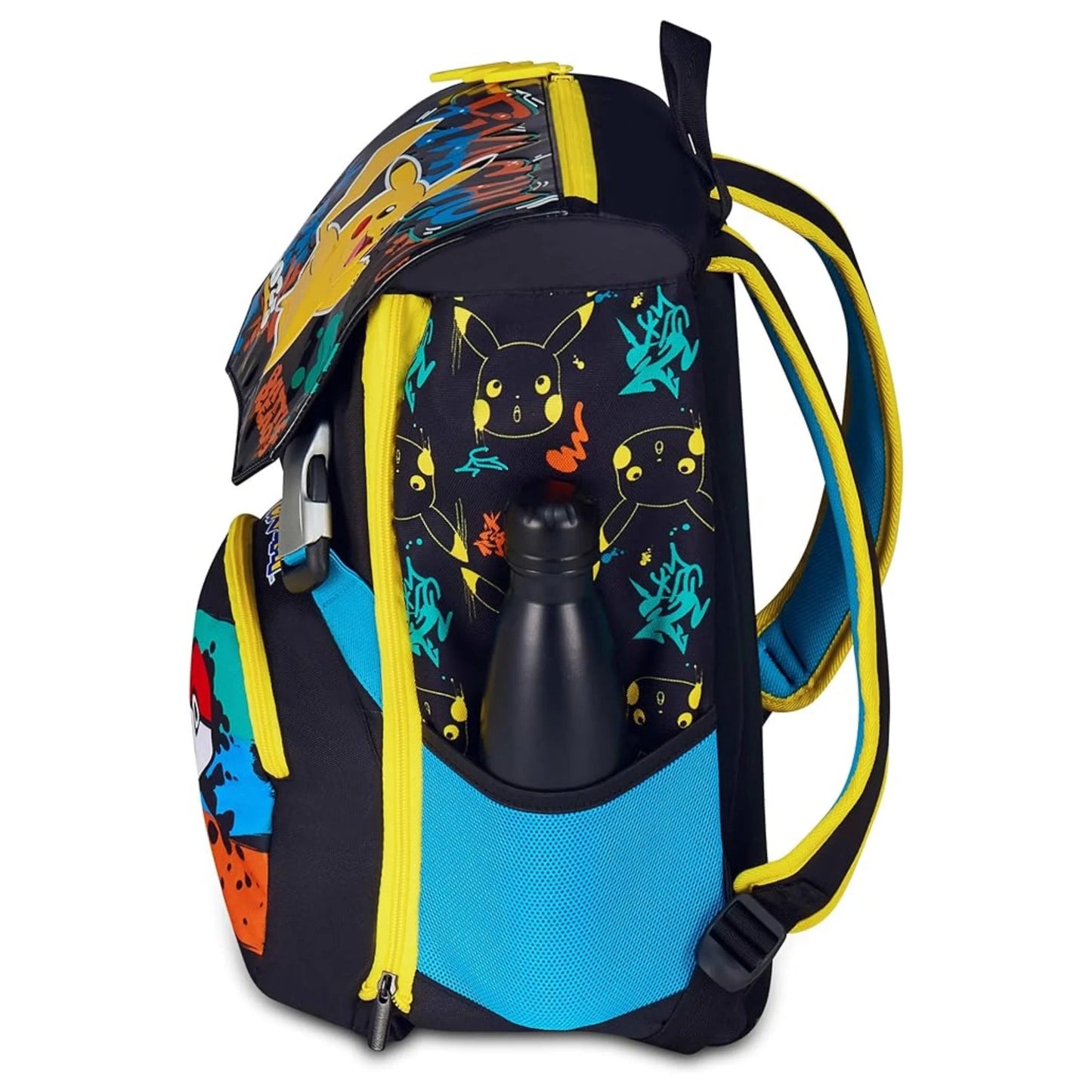 Seven Extendable Backpack Pokémon Pikachu 025 Battle Ready Double Compartment with Water Bottle Pocket Black Multicolor