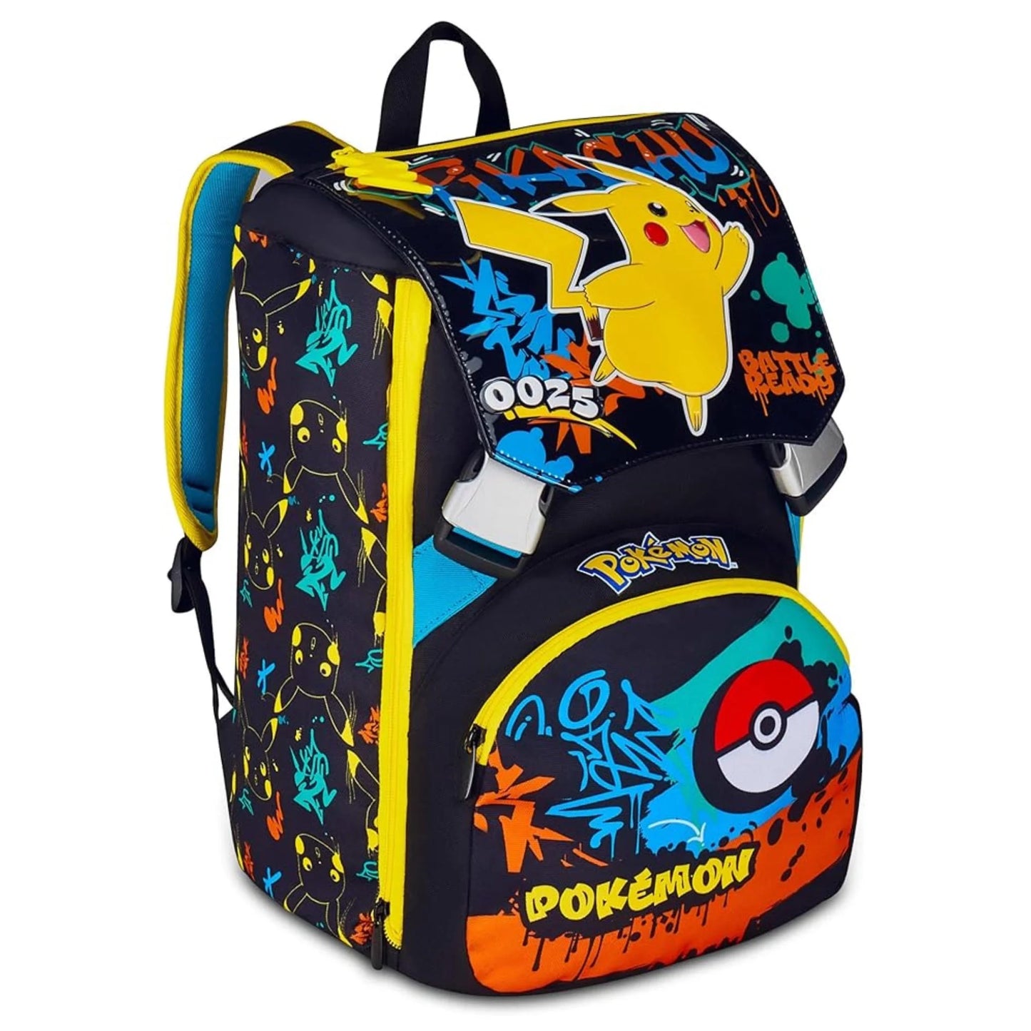 Seven Extendable Backpack Pokémon Pikachu 025 Battle Ready Double Compartment with Water Bottle Pocket Black Multicolor