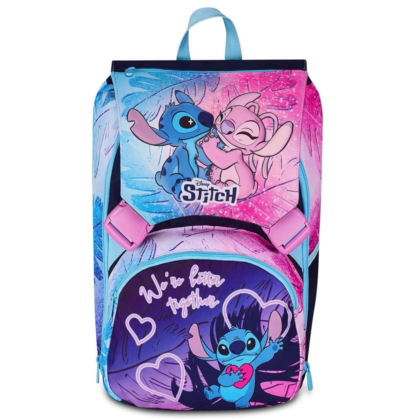 Zaino Seven Sdoppiabile Big Lilo & Stitch We're Better Together con Stitch Angel Pattina Fantasia Foglie Tropicali Blu Rosa Disney