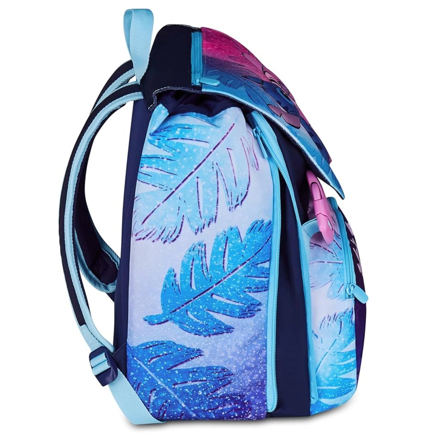 Zaino Seven Sdoppiabile Big Lilo & Stitch We're Better Together con Stitch Angel Pattina Fantasia Foglie Tropicali Blu Rosa Disney