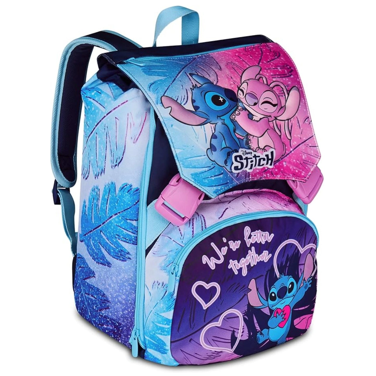 Zaino Seven Sdoppiabile Big Lilo & Stitch We're Better Together con Stitch Angel Pattina Fantasia Foglie Tropicali Blu Rosa Disney