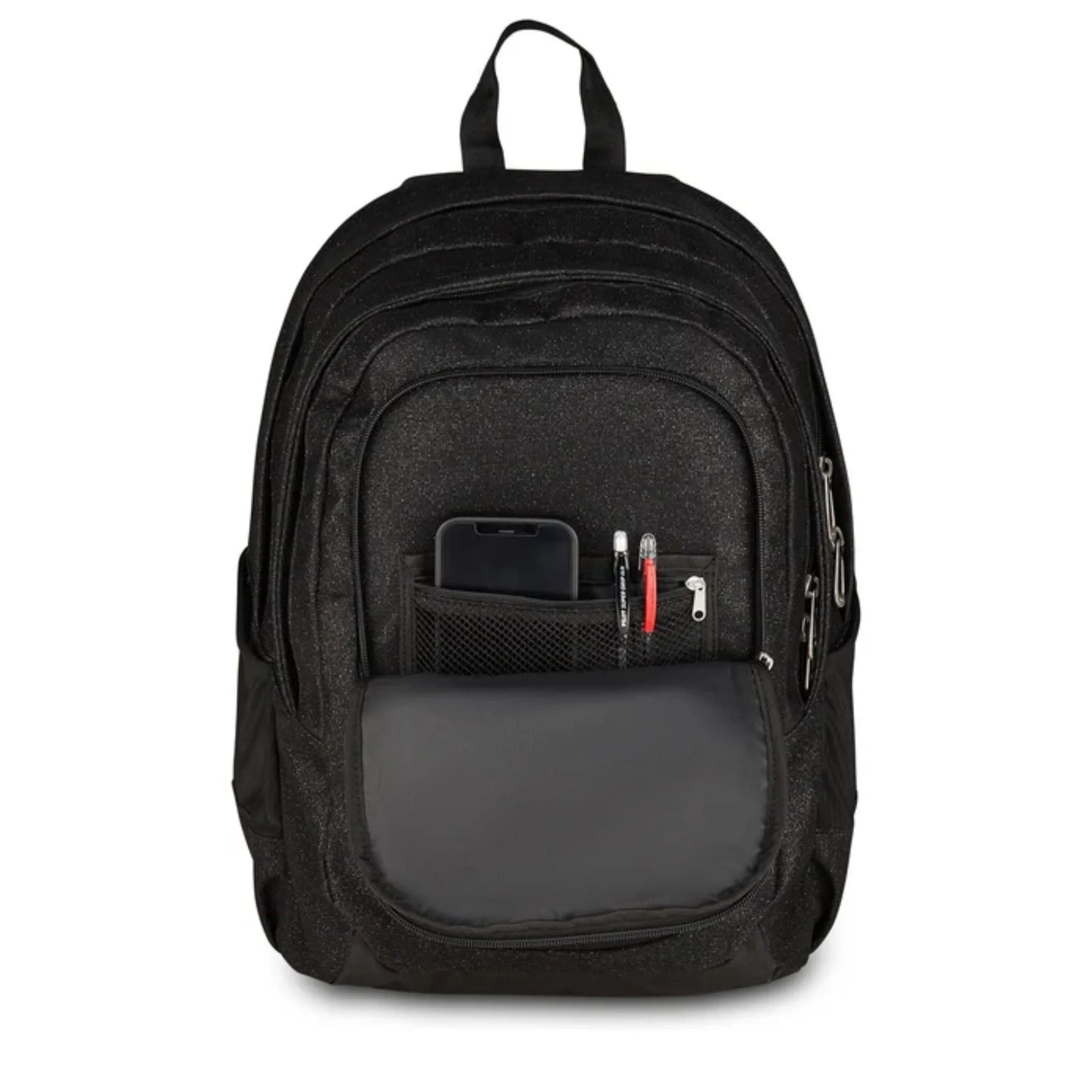 Zaino Seven Tech Shiny Nero Glitter Doppio Scomparto con Tasca PC e Porta Borraccia Effetto Brillantinato