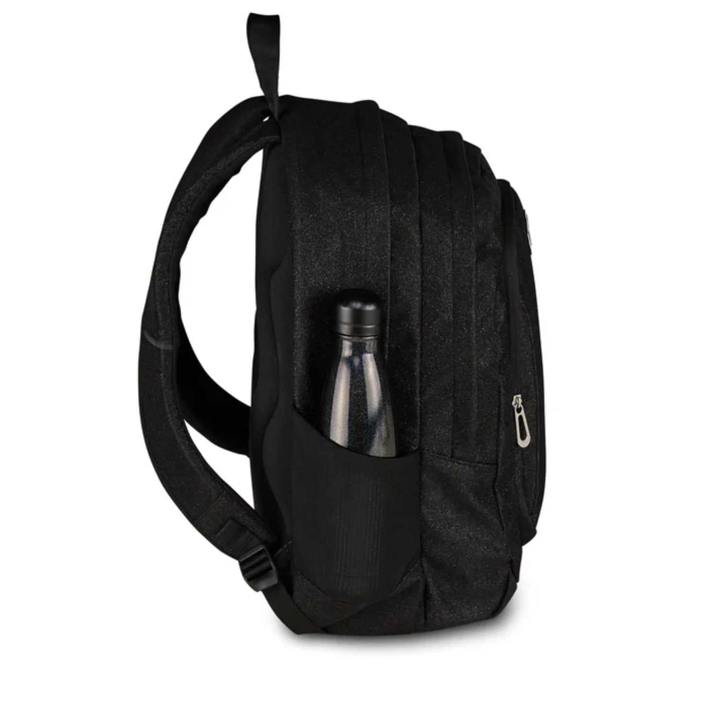 Zaino Seven Tech Shiny Nero Glitter Doppio Scomparto con Tasca PC e Porta Borraccia Effetto Brillantinato