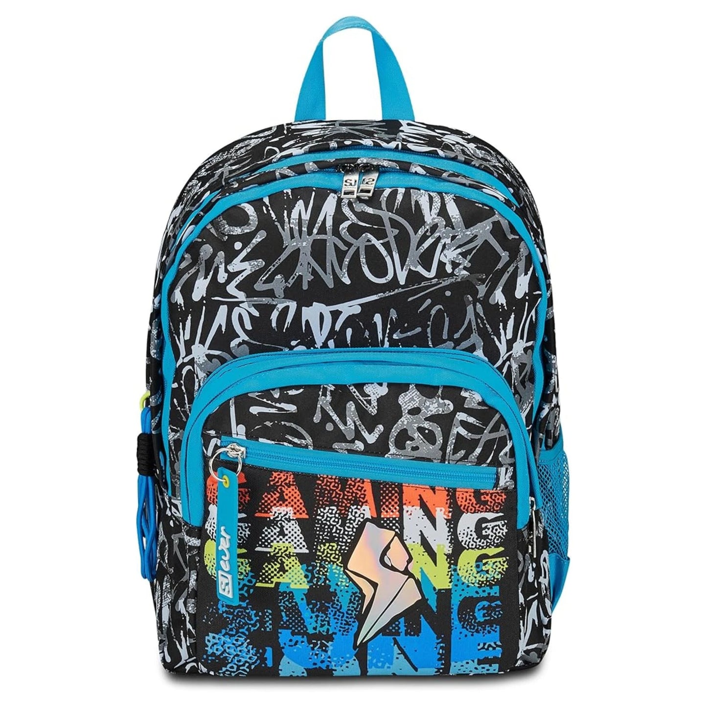 Zaino SJ Ever Blackwall Boy Doppio Scomparto con Graffiti Tag Allover e Fulmine Olografico Nero Azzurro 31 Litri