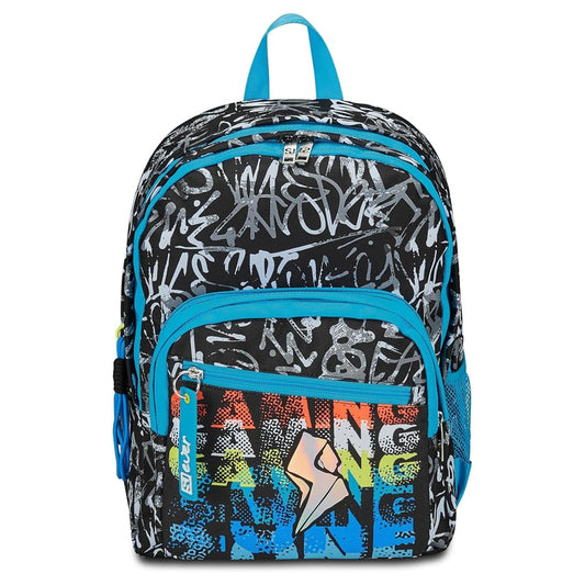 Zaino SJ Ever Blackwall Boy Doppio Scomparto con Graffiti Tag Allover e Fulmine Olografico Nero Azzurro 31 Litri