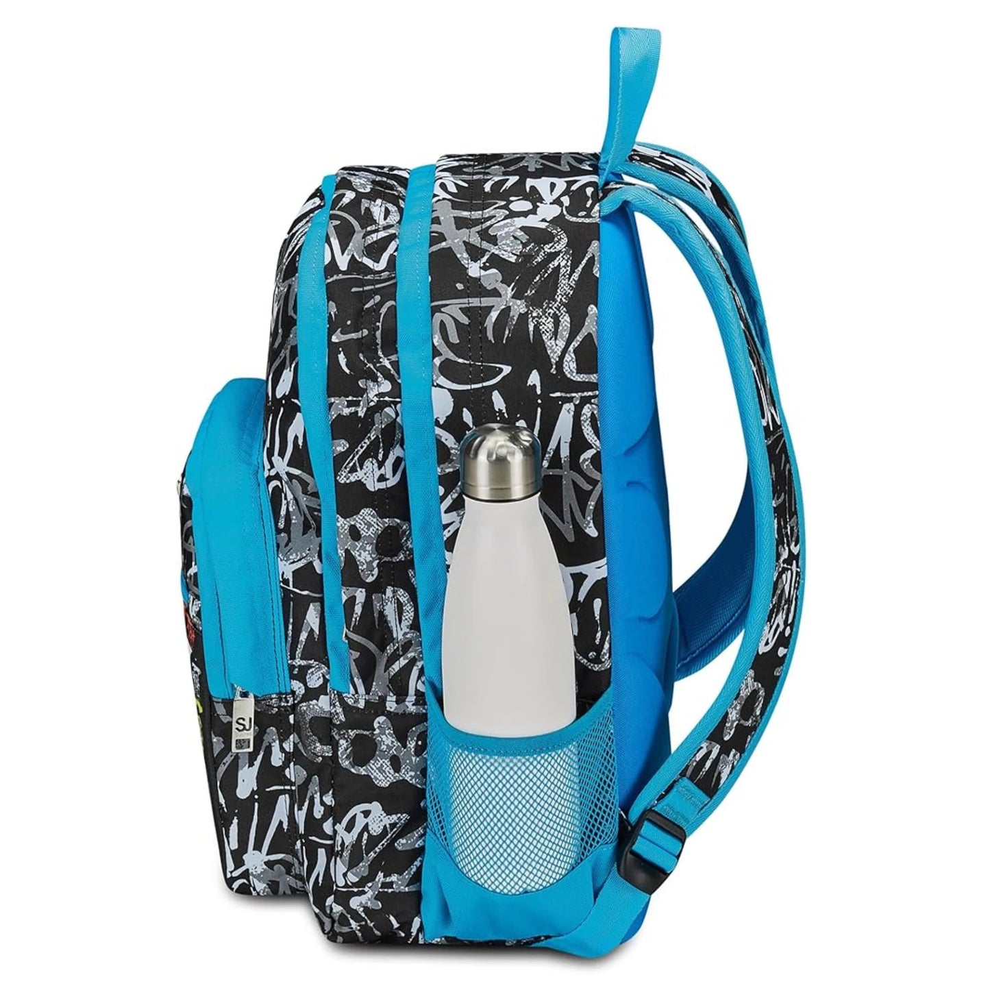 Zaino SJ Ever Blackwall Boy Doppio Scomparto con Graffiti Tag Allover e Fulmine Olografico Nero Azzurro 31 Litri