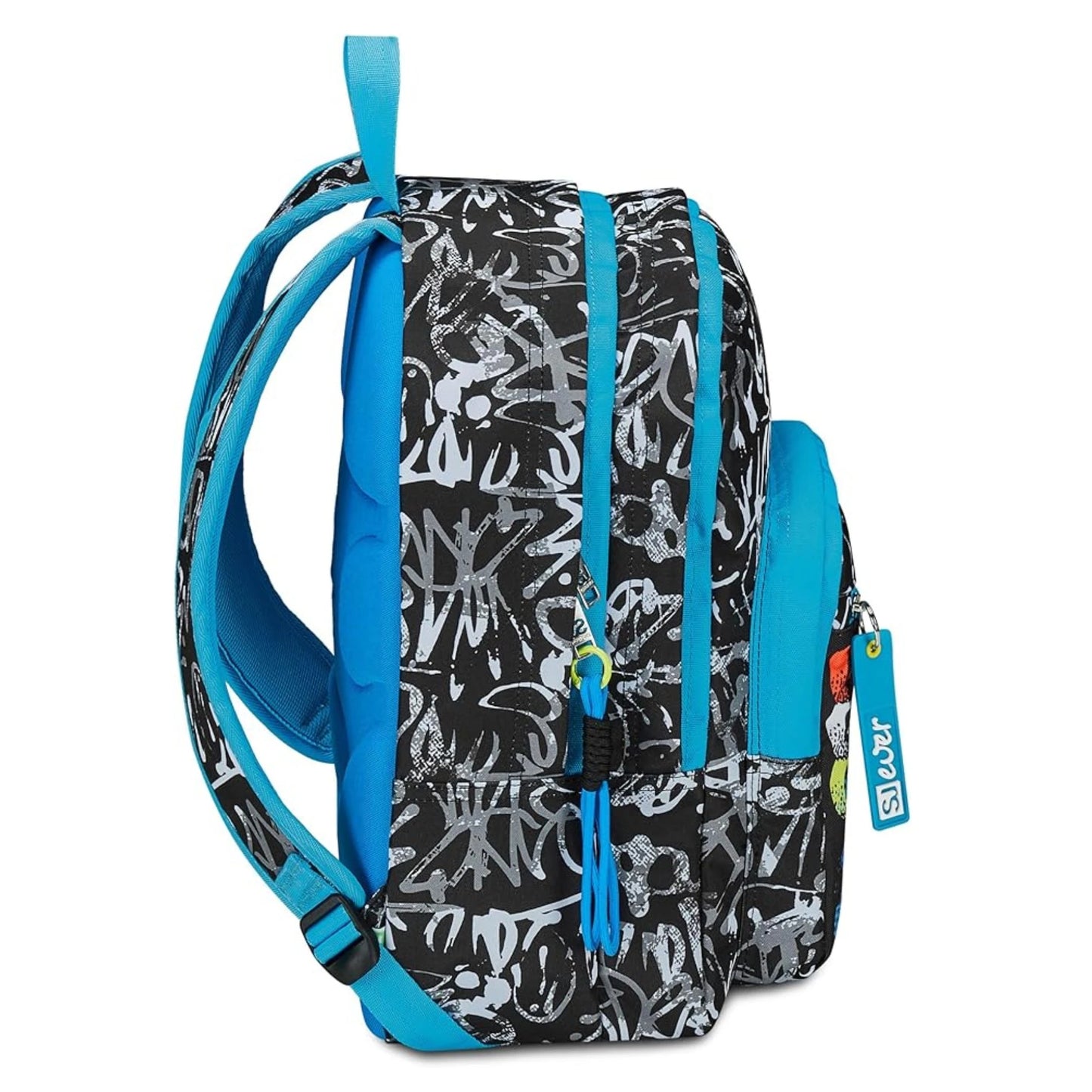 Zaino SJ Ever Blackwall Boy Doppio Scomparto con Graffiti Tag Allover e Fulmine Olografico Nero Azzurro 31 Litri