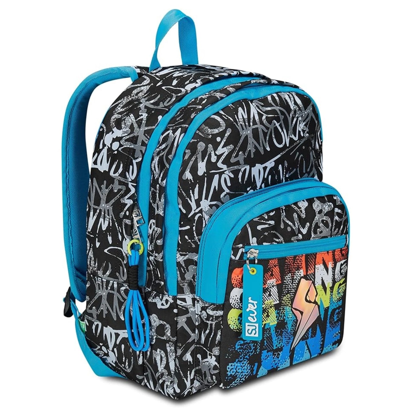 Zaino SJ Ever Blackwall Boy Doppio Scomparto con Graffiti Tag Allover e Fulmine Olografico Nero Azzurro 31 Litri