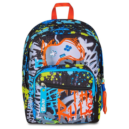 Zaino SJ Ever Gamer Rules Doppio Scomparto con Controller Gaming e Charm Staccabile Fantasia Splash Multicolor