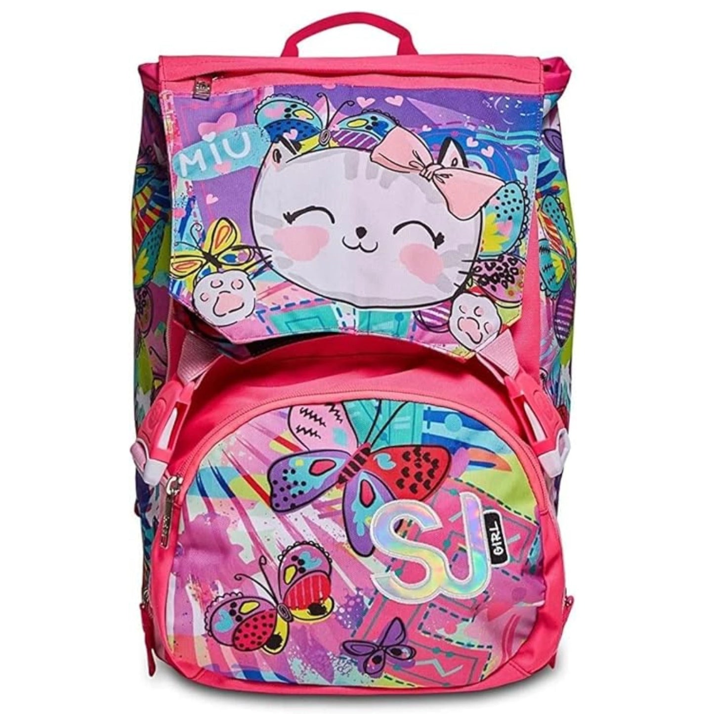 Zaino SJ Gang Estensibile Big Facce da SJ Girl con Flip System 3D Panda e Gattina MIU Fantasia Farfalle Multicolor Rosa