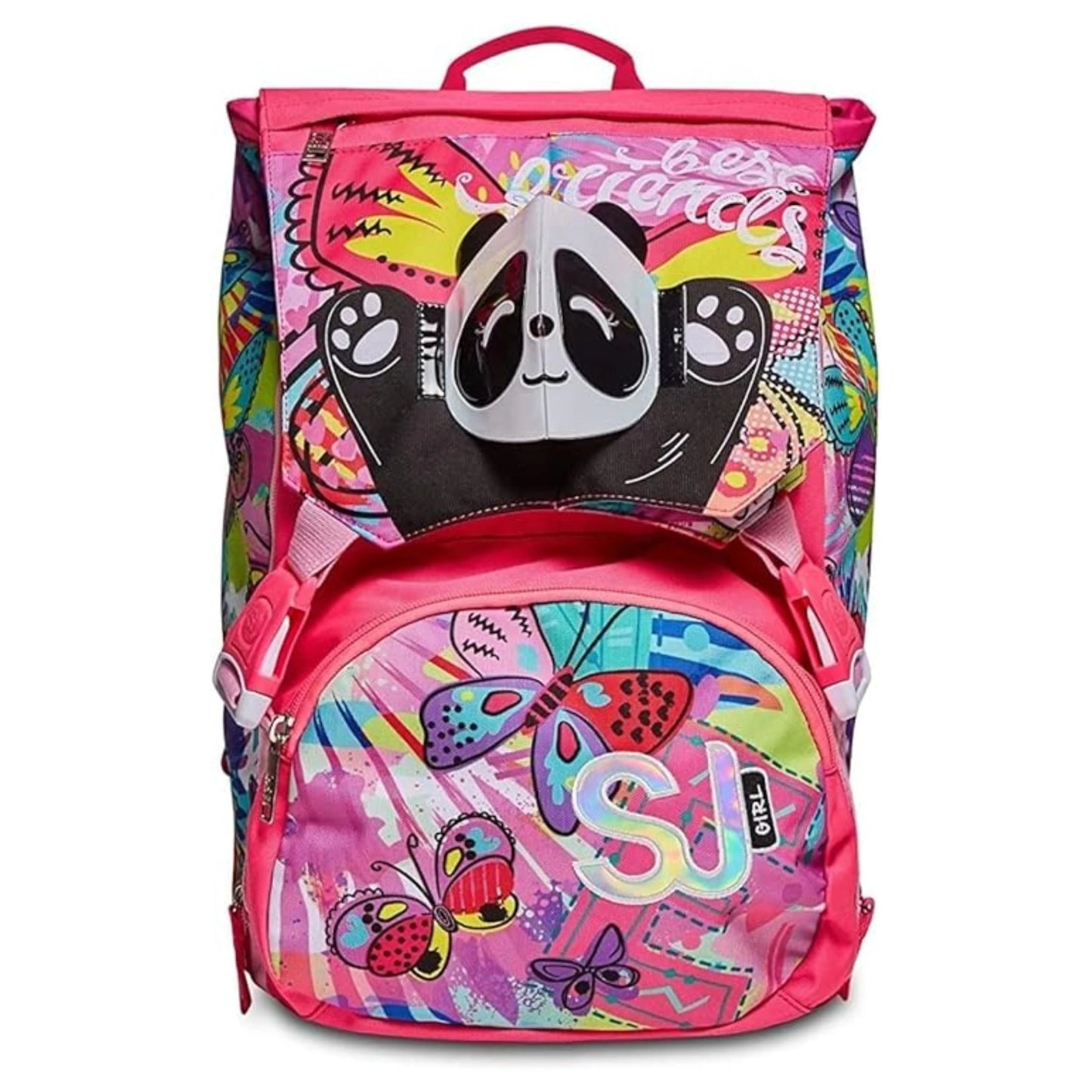 Zaino SJ Gang Estensibile Big Facce da SJ Girl con Flip System 3D Panda e Gattina MIU Fantasia Farfalle Multicolor Rosa