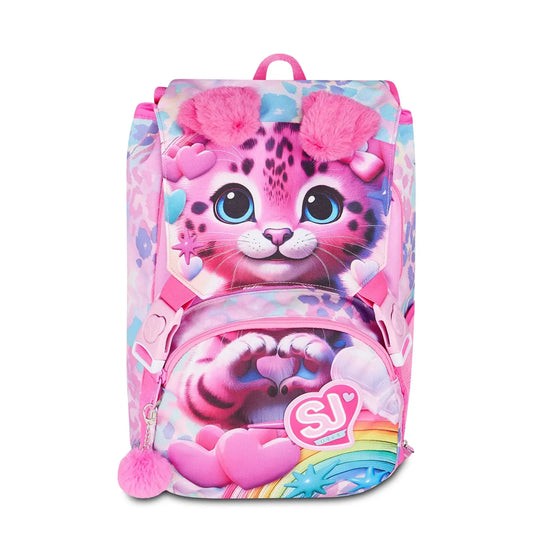 Zaino SJ Gang Estensibile Big Heart Buddy Girl con Cucciolo Leopardo e Orecchie Peluche Mobili Fantasia Leopard Pastello Rosa