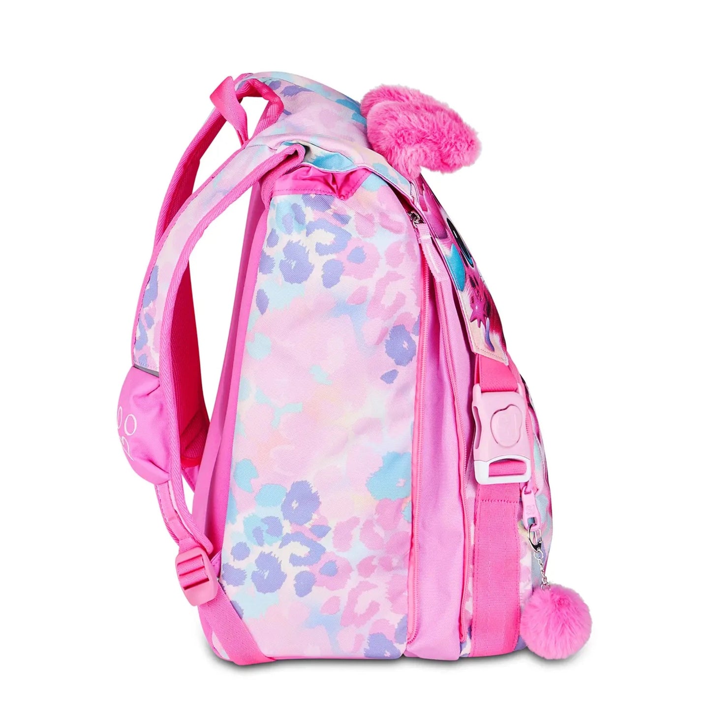 Zaino SJ Gang Estensibile Big Heart Buddy Girl con Cucciolo Leopardo e Orecchie Peluche Mobili Fantasia Leopard Pastello Rosa