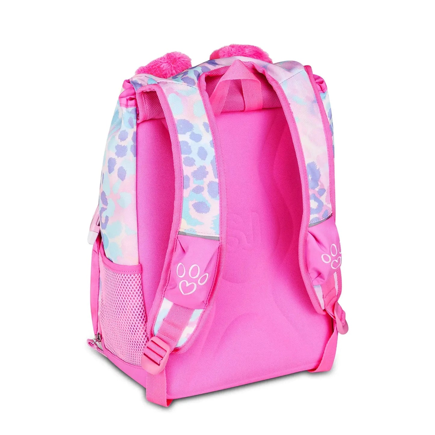 Zaino SJ Gang Estensibile Big Heart Buddy Girl con Cucciolo Leopardo e Orecchie Peluche Mobili Fantasia Leopard Pastello Rosa