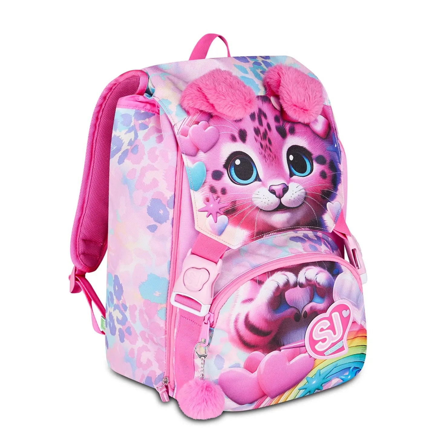 Zaino SJ Gang Estensibile Big Heart Buddy Girl con Cucciolo Leopardo e Orecchie Peluche Mobili Fantasia Leopard Pastello Rosa