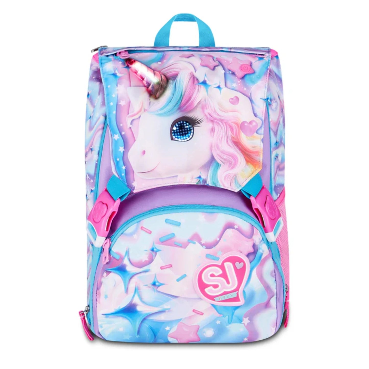 Zaino SJ Gang Estensibile Big LED Unicorn Girl con Occhi LED Unicorno Ricaricabili USB e Pattina Staccabile Fantasia Swirl Stelle Rosa Azzurro