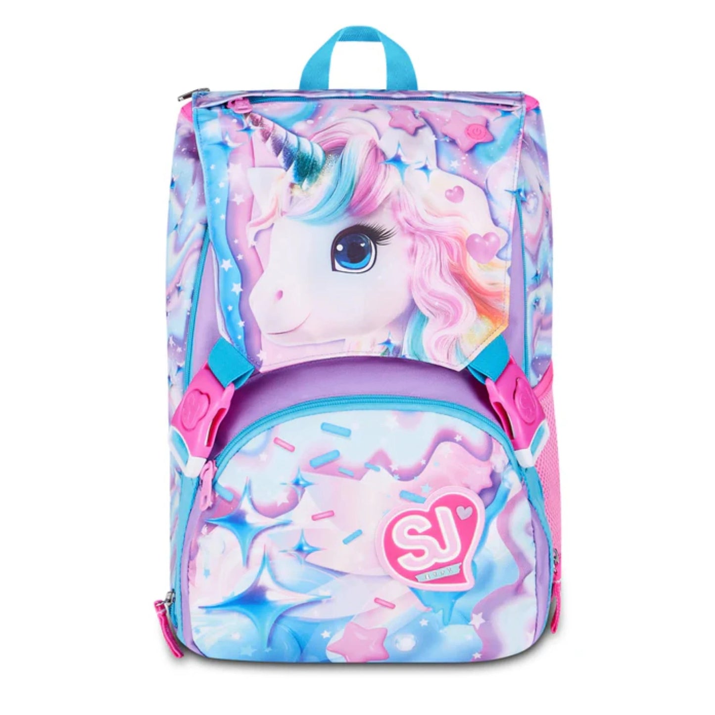 Zaino SJ Gang Estensibile Big LED Unicorn Girl con Occhi LED Unicorno Ricaricabili USB e Pattina Staccabile Fantasia Swirl Stelle Rosa Azzurro