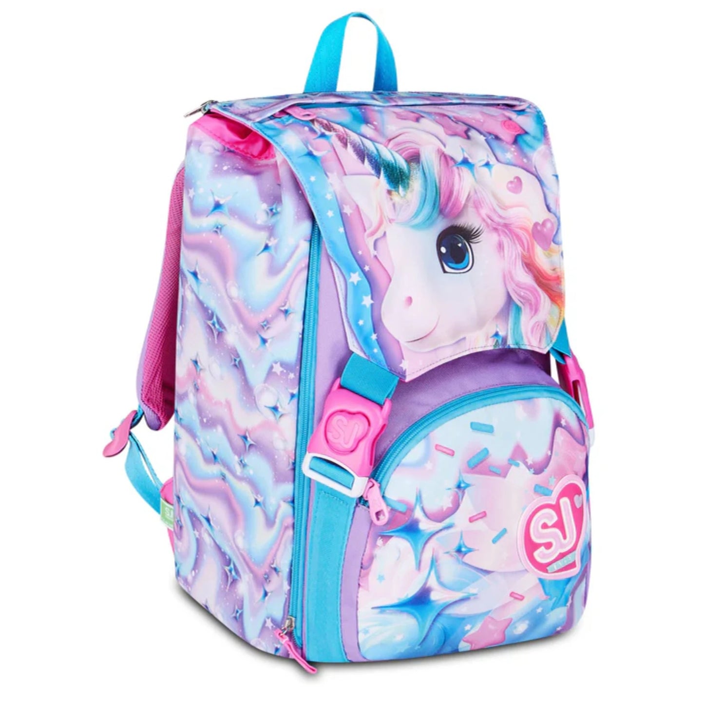 Zaino SJ Gang Estensibile Big LED Unicorn Girl con Occhi LED Unicorno Ricaricabili USB e Pattina Staccabile Fantasia Swirl Stelle Rosa Azzurro