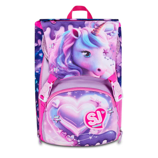 Zaino SJ Gang Estensibile Big Pixie Unicorn con Ali Glitter a Scomparsa Unicorno Alato Fantasia Galaxy Cuori Viola Rosa