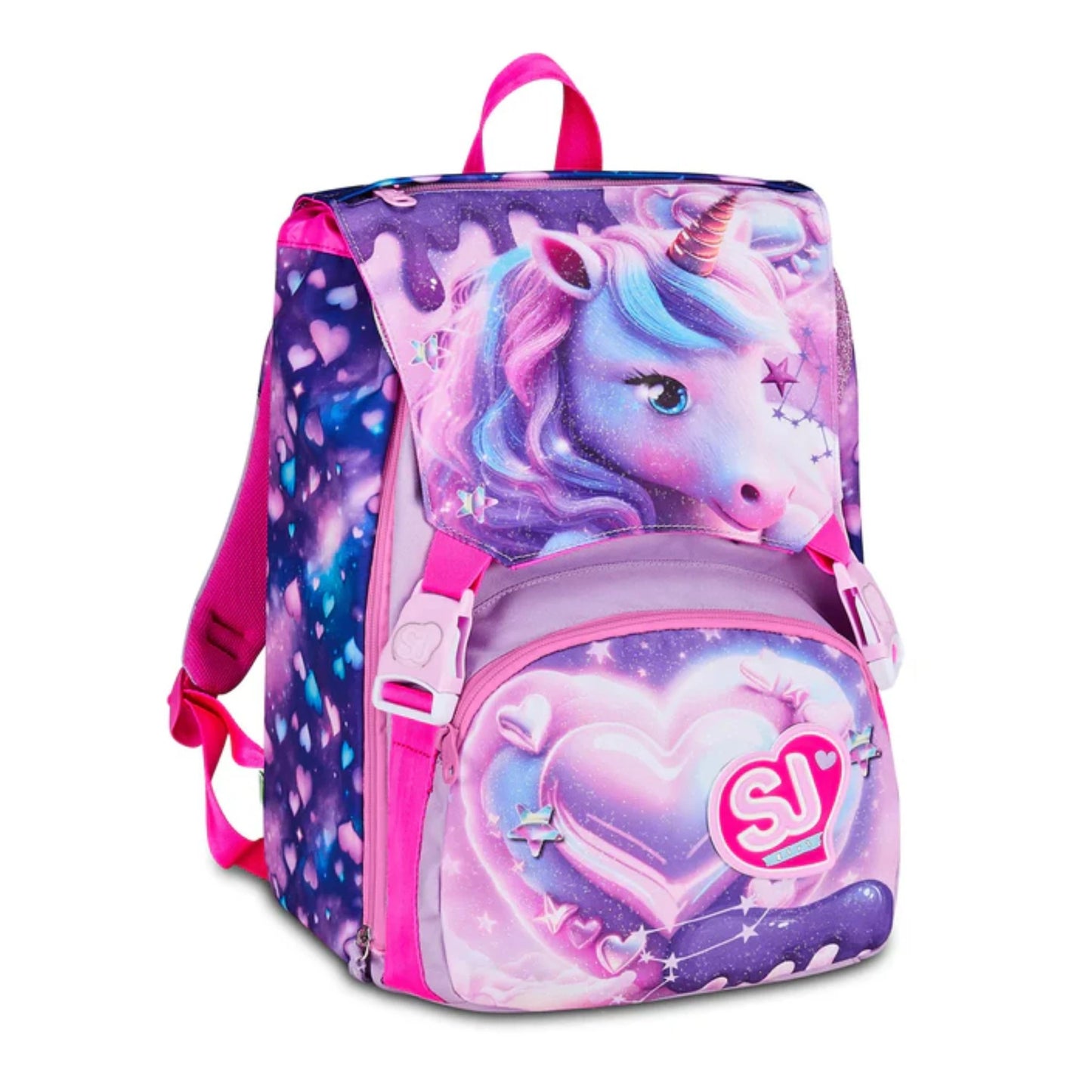 Zaino SJ Gang Estensibile Big Pixie Unicorn con Ali Glitter a Scomparsa Unicorno Alato Fantasia Galaxy Cuori Viola Rosa